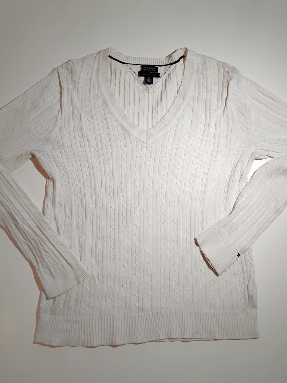 Tommy Hilfiger Women's White Cable V-Neck Sweater Cotton